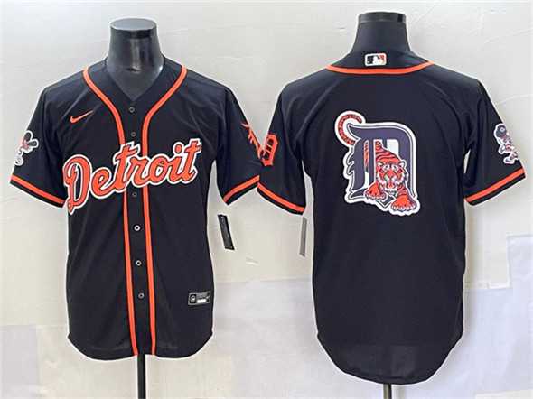 Men%27s Detroit Tigers Team Big Logo Black With Patch Cool Base Stitched Jersey